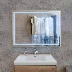 Oglinda smart orizontala cu cadru auriu, LED si antiabur, ideala pentru baie moderna, dimensiune 80×60 cm