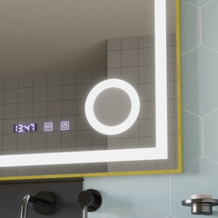 Oglinda smart LED cu cadru auriu, geam marire, dezaburire si afisaj digital, design orizontal 80x60 cm