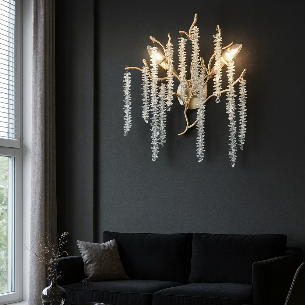 Aplica 27095/2FG aurie cu elemente din sticla, Ø30 cm si 2 E14, perfecta pentru living modern cu lumina eleganta de accent.