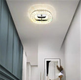 Lustra LED ovala 46W alba cu elemente transparente si telecomanda, lumina reglabila 3500K-6500K, montata in living modern