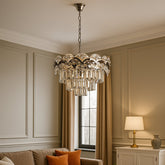 Candelabru rotund crom cu 10 becuri E27 in living spatios elegant, diametru 500 mm, lumina puternica si design rafinat