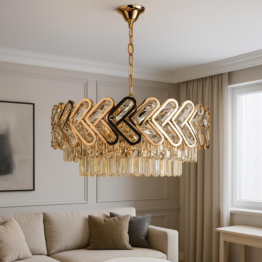 Candelabru auriu modern cu 10 surse E27 si elemente transparente, design geometric elegant, iluminare decorativa pentru living spatios