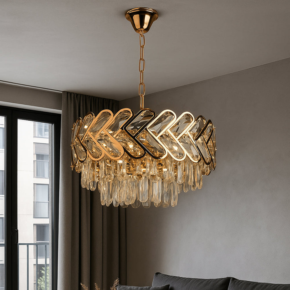 Candelabru auriu modern cu 6 surse E27 si elemente transparente, design elegant, iluminare decorativa pentru living spatios