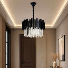 Candelabru rotund negru cu cristale, 5 becuri E27, iluminare eleganta si moderna pentru coridor sau hol lung.