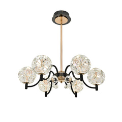 Candelabru LED negru cu detalii aurii si 6 globuri din sticla, iluminare eleganta in dormitor modern cu tonuri calde