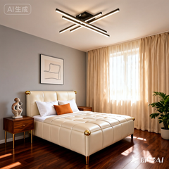 Lustra LED 9794/4BK neagra, 4 brate moderne si control prin telecomanda, iluminand un dormitor contemporan.