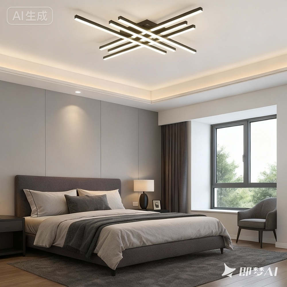 Lustra LED neagra 9795/6BK cu 6 brate geometrice si telecomanda, oferind lumina reglabila intr-un dormitor modern.