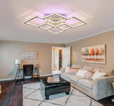 Lustra LED geometrica 288W x2 cu efect Halo, flux 11024 lm si lumina reglabila 3500K-6500K cu telecomanda, montata in living mare pentru iluminare puternica