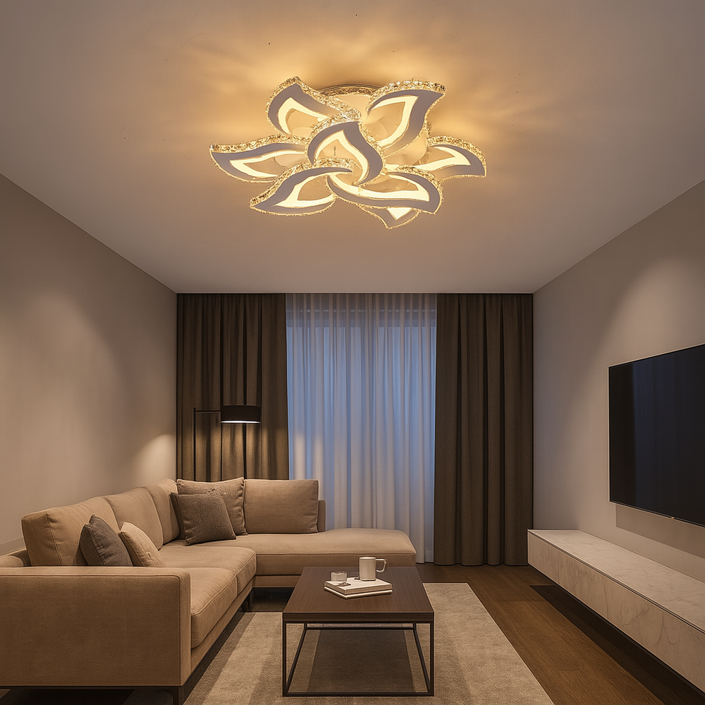 Lustra LED florala 3D 216W cu 6 petale si efect RGB, lumina reglabila 3500K-6500K cu telecomanda, montata in living modern pentru iluminare puternica si decorativa
