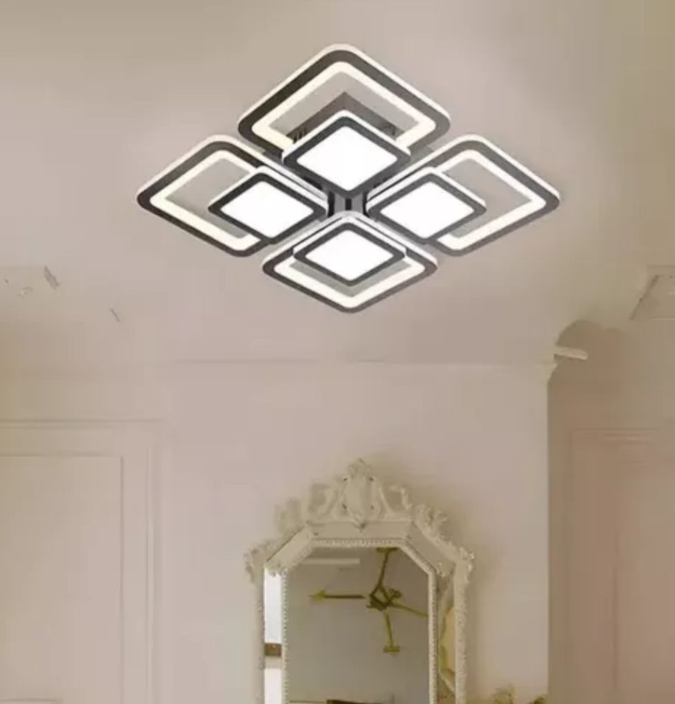 Lustra LED 8022/4BK negru mata 104W cu design geometric si lumina reglabila 3000K-6500K, ideala pentru living modern cu iluminare uniforma