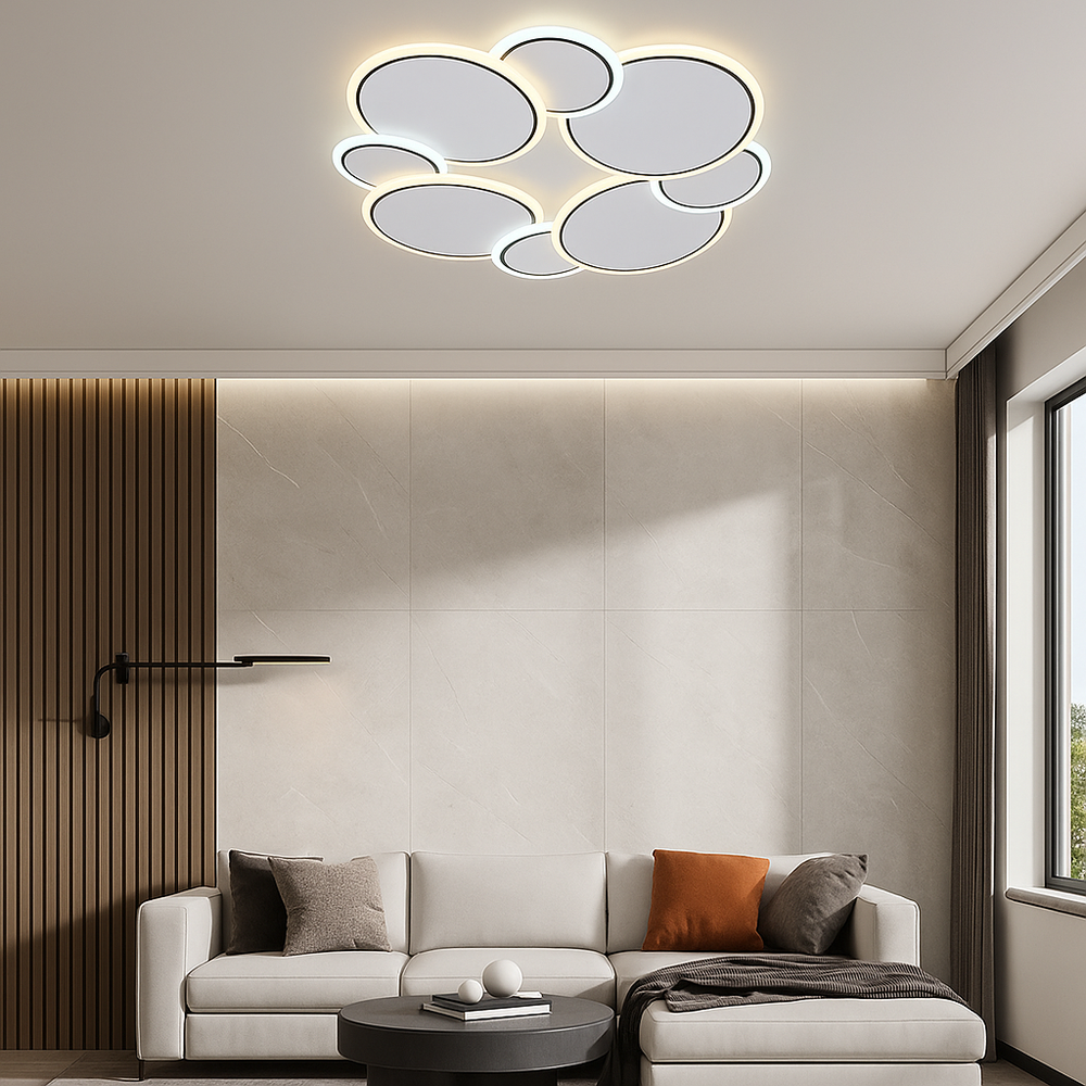 Lustra LED 26075/4+4WH+BK 136W cu lumina reglabila 3000–6500K, ideala pentru living modern, oferind iluminare uniforma si control prin telecomanda.