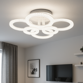 Lustra LED geometrica 168W cu accente transparente si lumina reglabila 3000K-6500K cu telecomanda, montata in living modern pentru iluminare puternica si eleganta