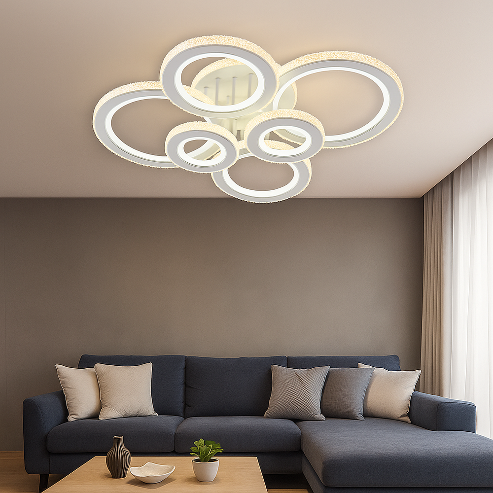 Lustra LED 26032/2+2+2C 250W cu lumina reglabila in 3 trepte si telecomanda, ideala pentru livinguri moderne ce necesita iluminare puternica si finisaj alb-crom elegant.