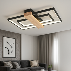 Lustra LED 9417/580+300 BK+WOOD cu design negru si accente din lemn cu telecomanda