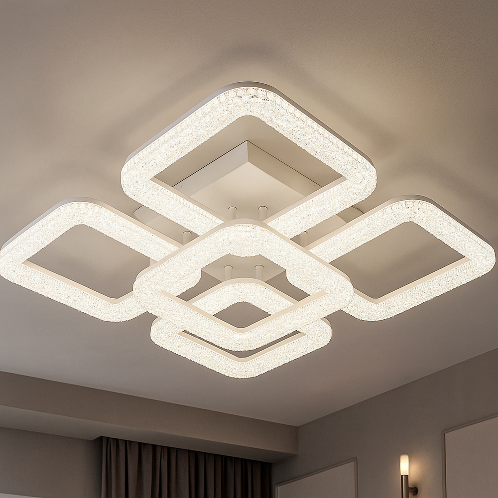 Lustra LED circulara 160W cu lumina reglabila 3000K-6500K si telecomanda, montata in living modern pentru iluminare puternica, uniforma si eleganta