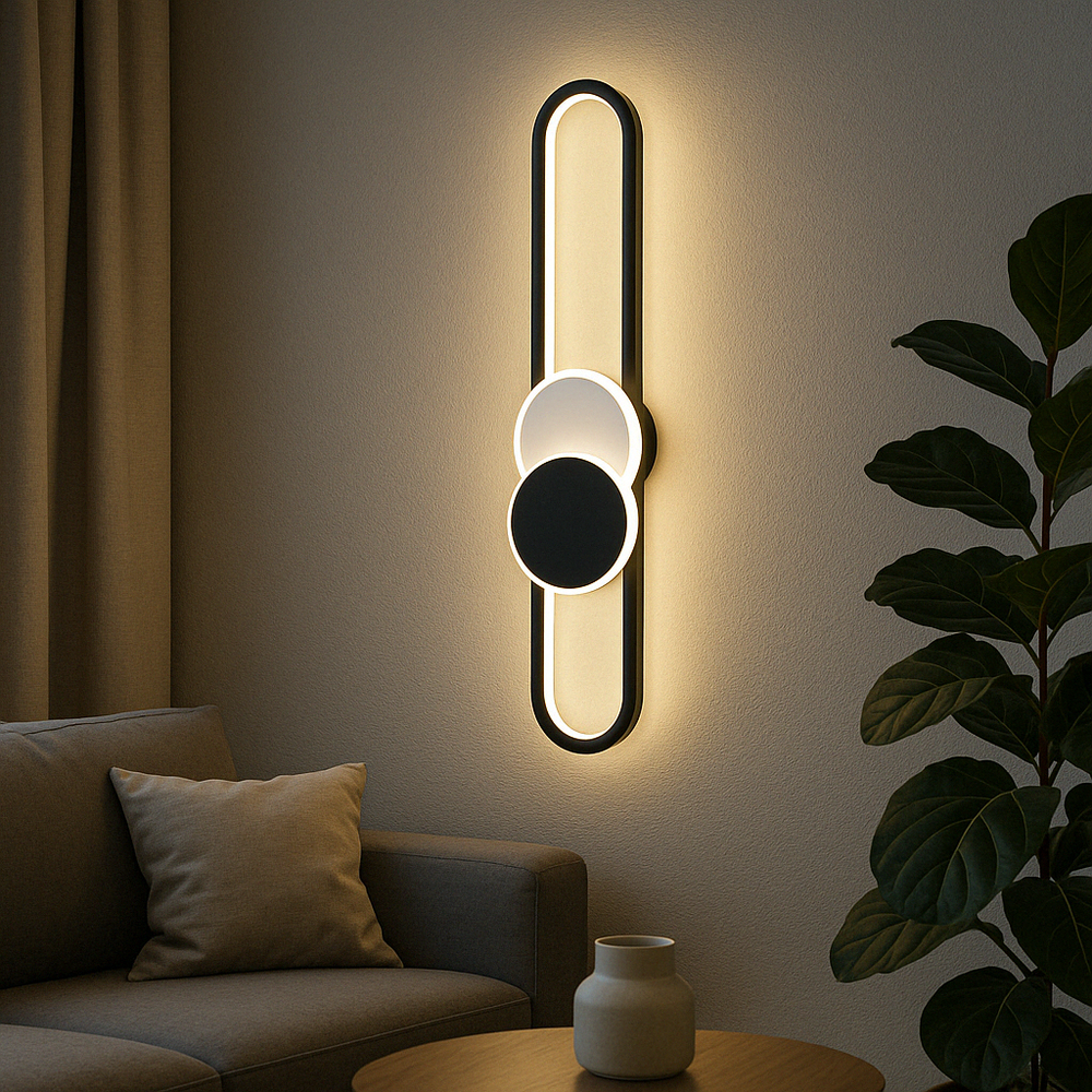 Aplica LED LUBAN Geometric verticala alb-negru, design ovala cu cercuri suprapuse, iluminare decorativa pentru living modern