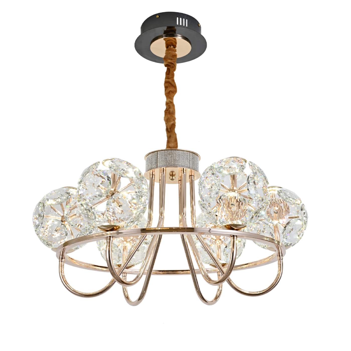 Candelabru LED auriu cu 6 globuri rotunde sticla, 96W, L700 zona dining eleganta, lumina calda uniforma, montaj tavan