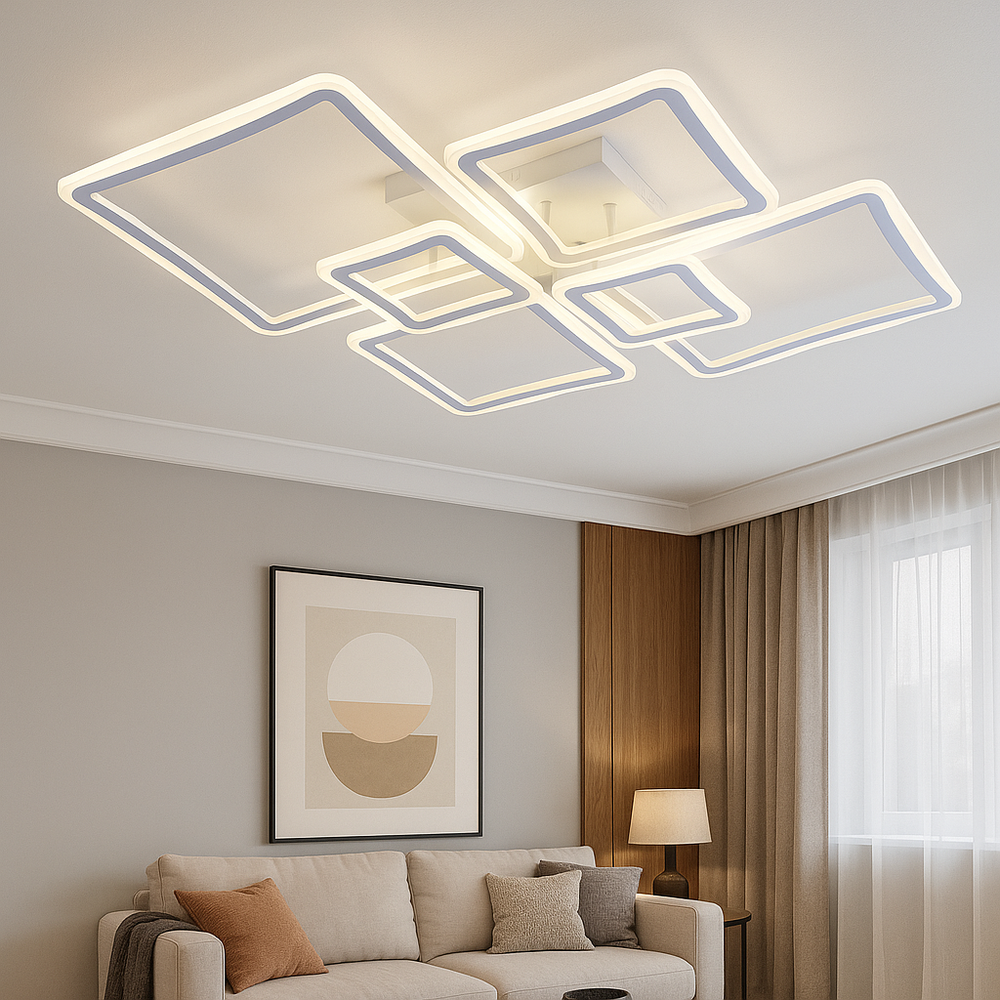 Lustra LED patrata 168W alba cu 6 module si lumina reglabila 3000K-6500K cu telecomanda, montata in living modern pentru iluminare puternica si eleganta