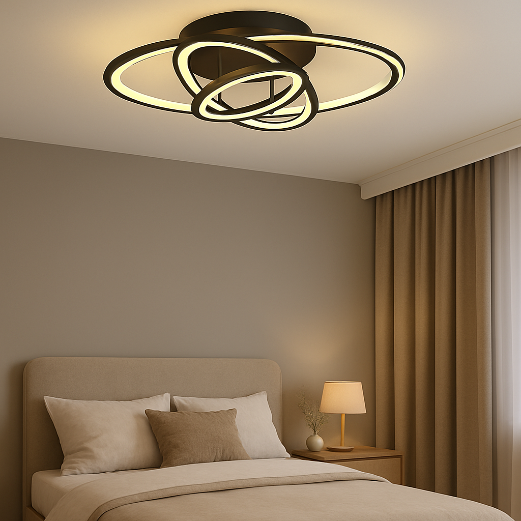 Lustra LED 19082/3BK neagra cu forme circulare si telecomanda, oferind lumina reglabila intr-un dormitor modern.