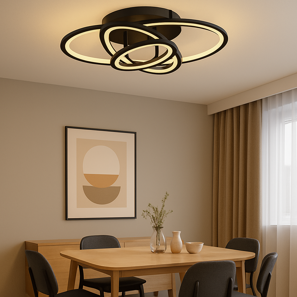 Lustra LED 19082/3BK rotunda neagra cu telecomanda, potrivita pentru o zona de dining moderna cu lumina ajustabila.