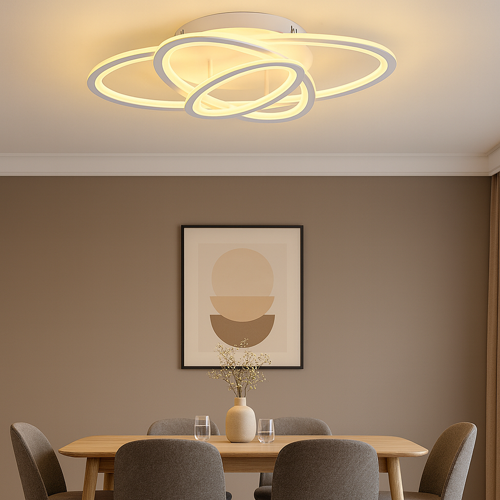 Lustra LED 19082/3WH alba cu telecomanda, potrivita pentru zona de dining cu lumina LED ajustabila 3000–6500K.