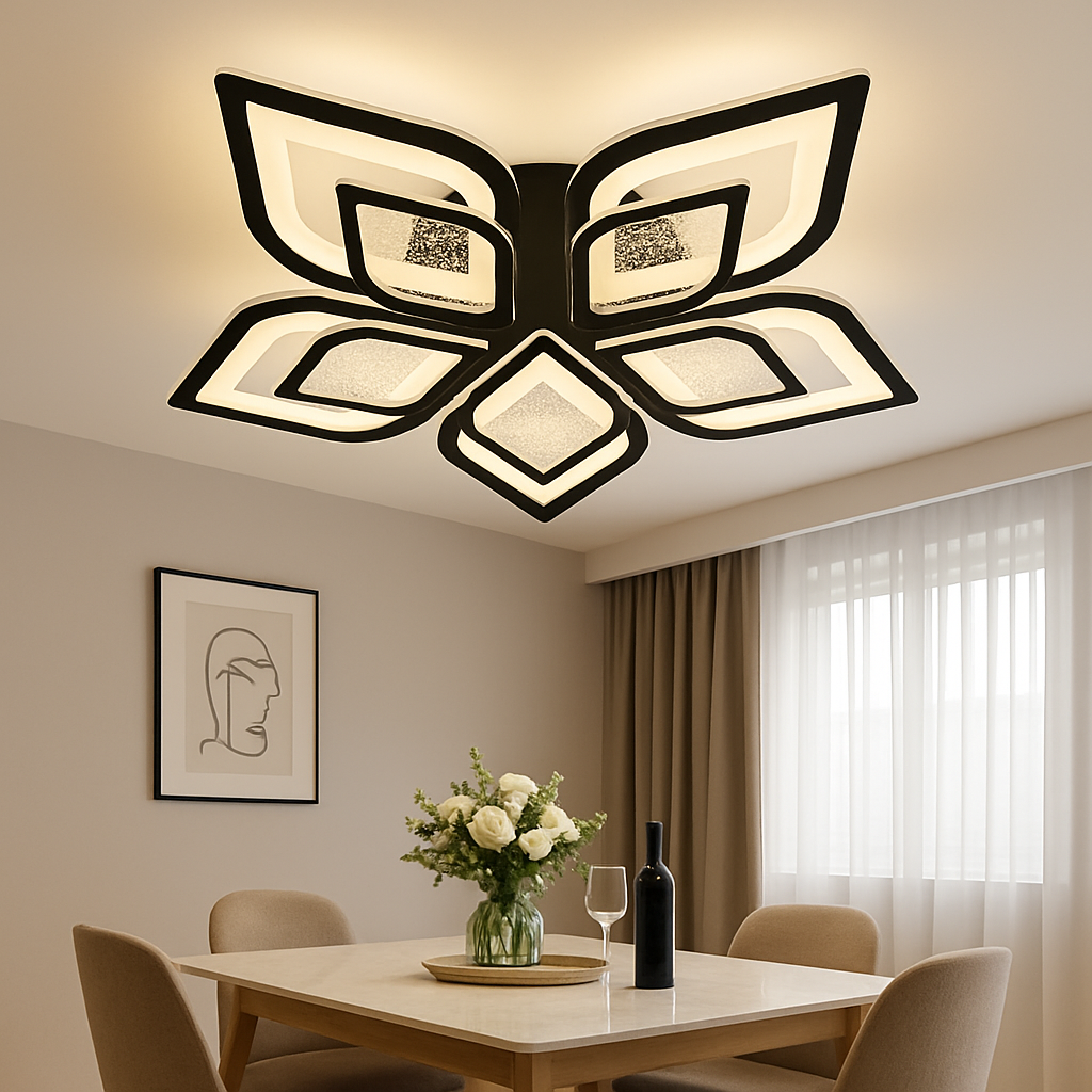 Lustra LED 19185/5 rotunda cu telecomanda, iluminand un dining modern cu lumina LED reglabila calda, neutra sau rece.