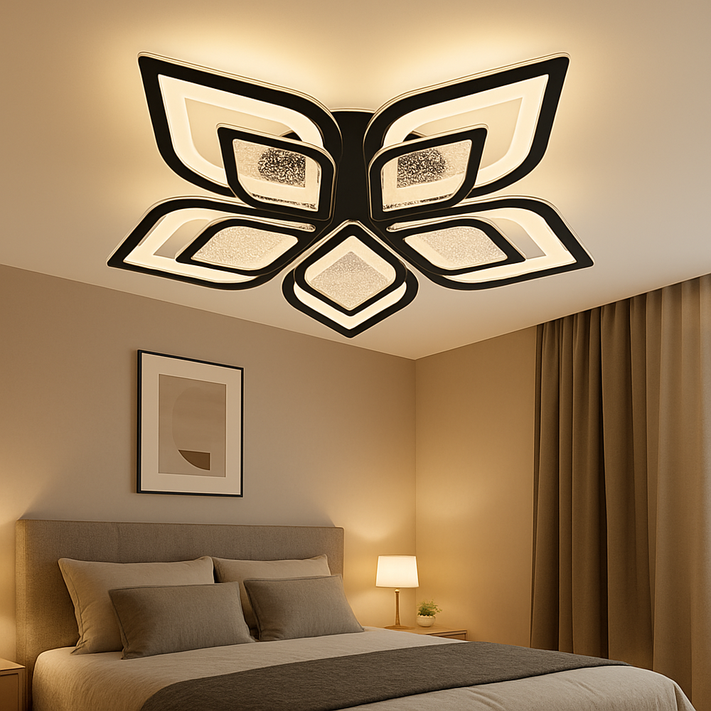 Lustra LED 19185/5 rotunda cu telecomanda, oferind lumina reglabila intr-un dormitor modern si confortabil.