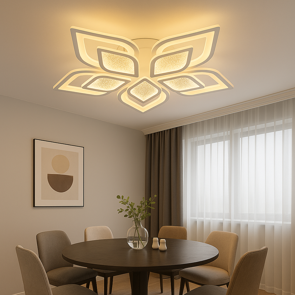 Lustra LED rotunda 19185/5 cu telecomanda, lumina reglabila calda-neutra-rece, montata deasupra unei zone moderne de dining.