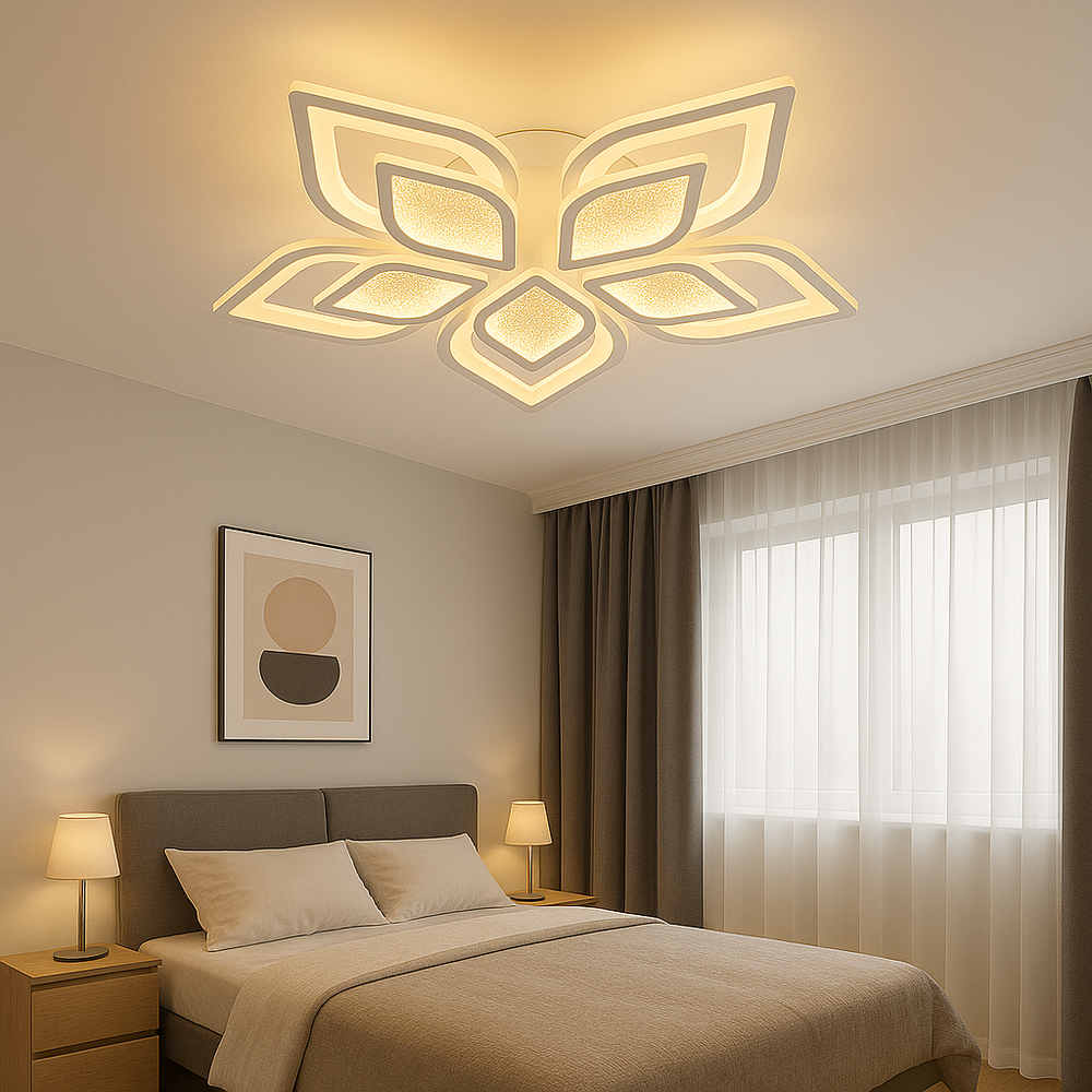 Lustra LED rotunda 19185/5 cu telecomanda, lumina reglabila, instalata intr-un dormitor modern cu atmosferă confortabila.