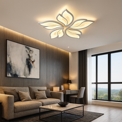 Lustra LED 19250/5N WH 80W cu lumina reglabila 3000–6500K si telecomanda, instalata intr-un living modern pentru iluminare eficienta si clara.