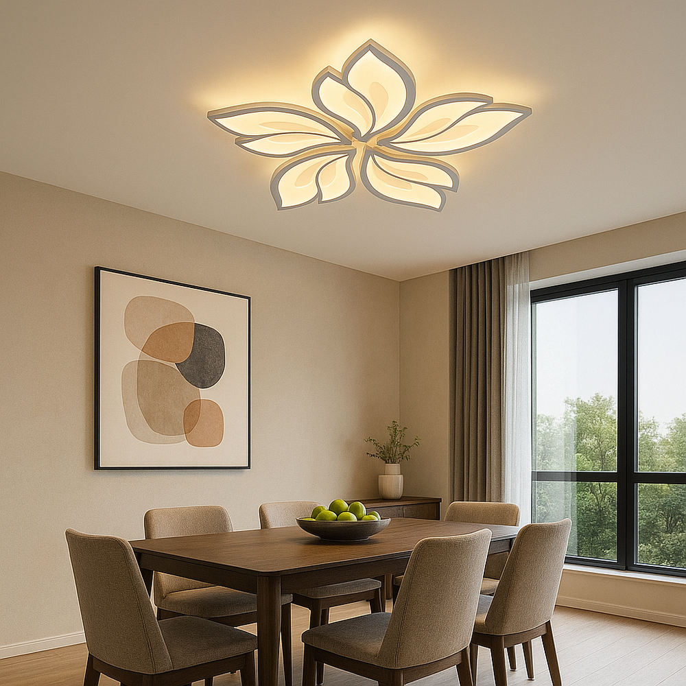 Lustra LED 19250/5N WH 80W cu lumina ajustabila 3000–6500K, controlata prin telecomanda, amplasata intr-o zona de dining moderna si aerisita.