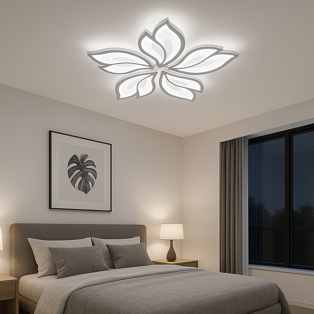Lustra LED 19250/5N WH 80W cu lumina reglabila si telecomanda, montata intr-un dormitor modern pentru confort vizual si ambianta placuta.