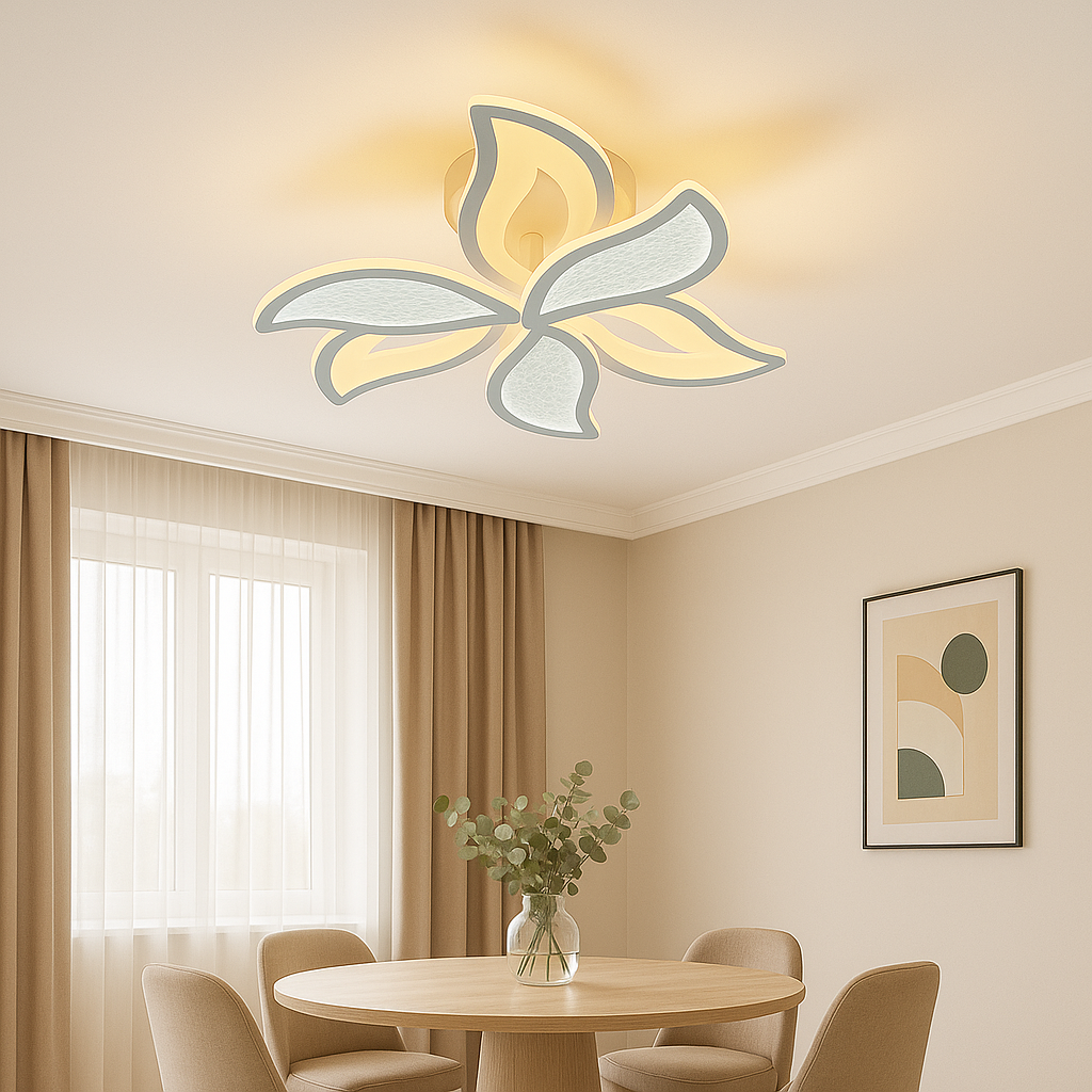 Lustra LED 19252/3+3WH 138W cu lumina ajustabila 3000–6500K si telecomanda, utilizata intr-un dining modern pentru iluminare uniforma si confort vizual.