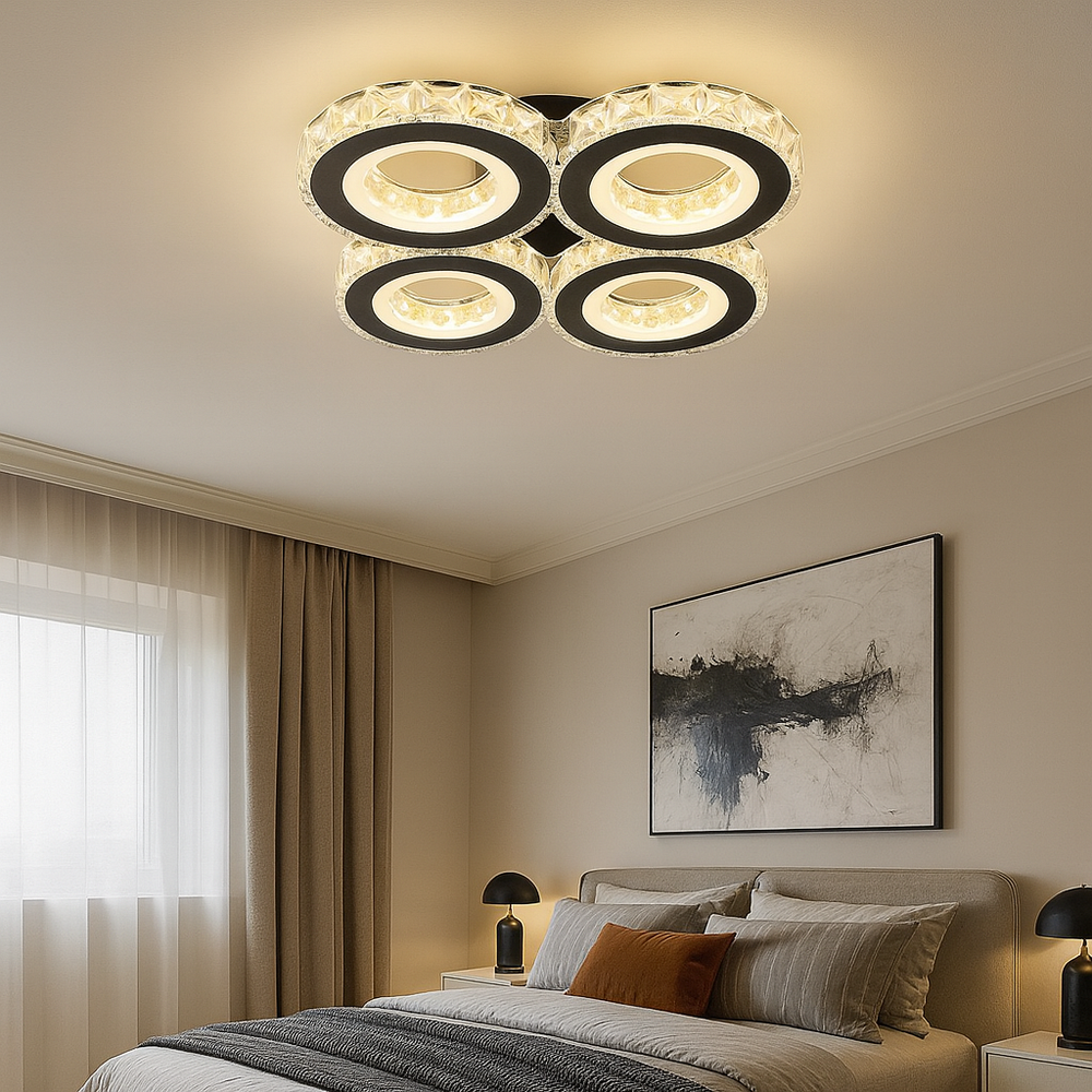 Lustra LED 96W geometrica negru crom cu telecomanda, perfecta pentru un dormitor modern si iluminare reglabila.