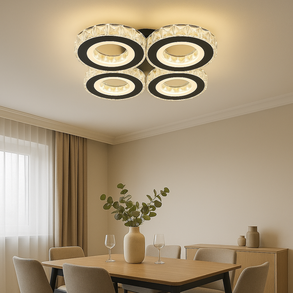 Lustra LED moderna 96W negru crom cu telecomanda, oferind lumina reglabila pentru un dining elegant si minimalist.
