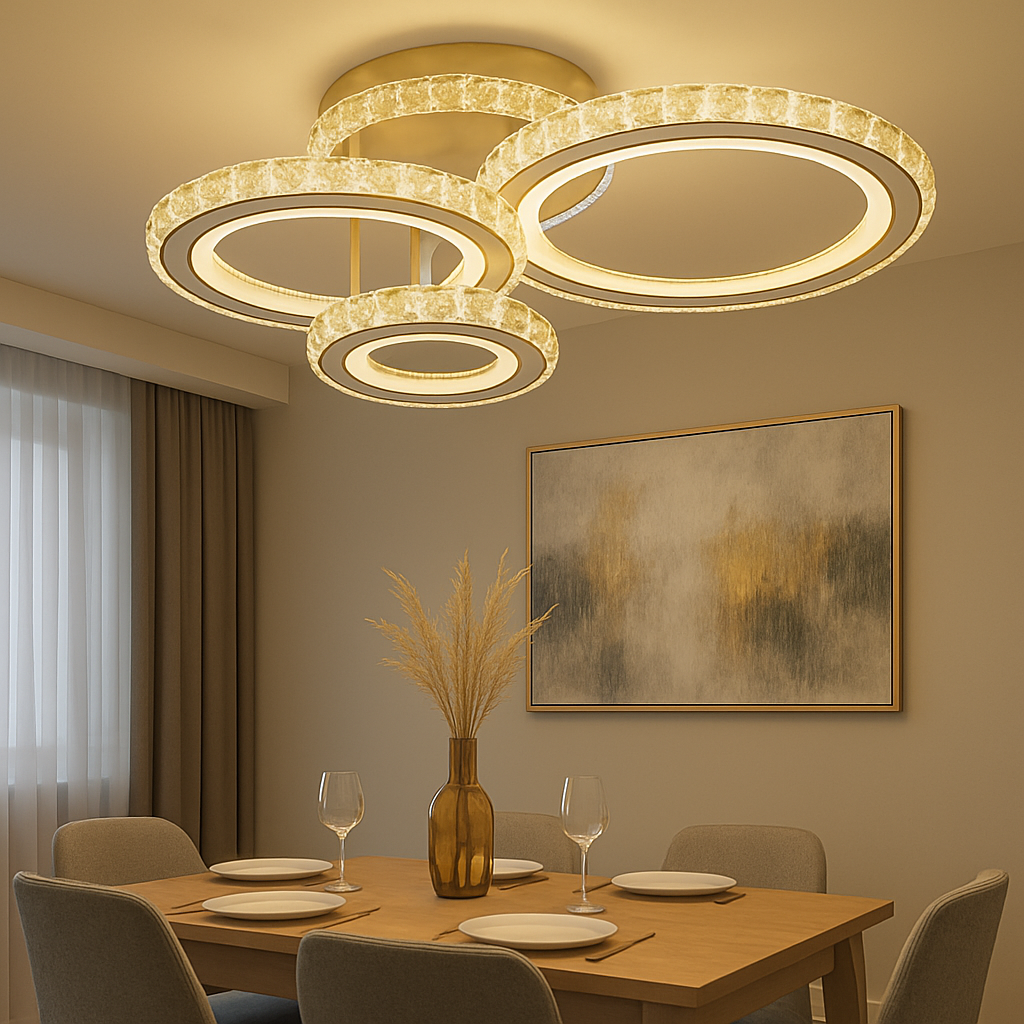 Lustra LED 19375/4WH 134W cu lumina reglabila, potrivita pentru zone de dining moderne ce necesita iluminare eleganta si control usor prin telecomanda.
