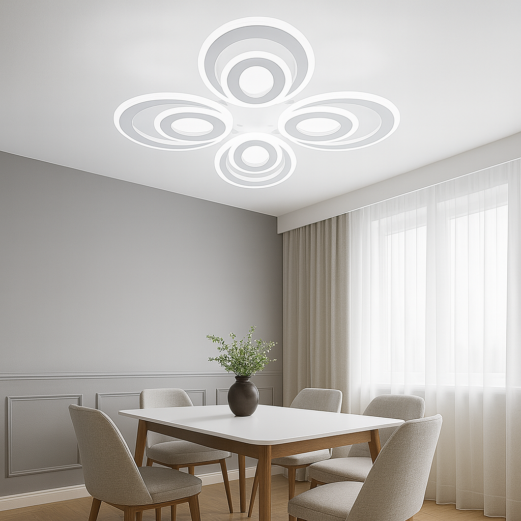 Lustra LED 19460/4+4WH+CR 80W cu lumina reglabila 3000–6500K, ideala pentru dininguri unde este nevoie de iluminare uniforma si control rapid al luminii.