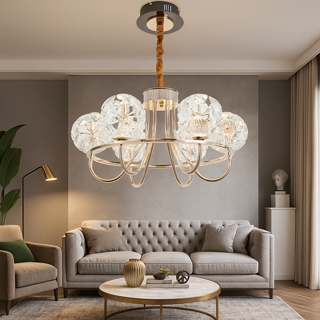 Candelabru LED auriu cu 6 globuri rotunde sticla, 96W, L700 living modern elegant, lumina calda uniforma, montaj tavan