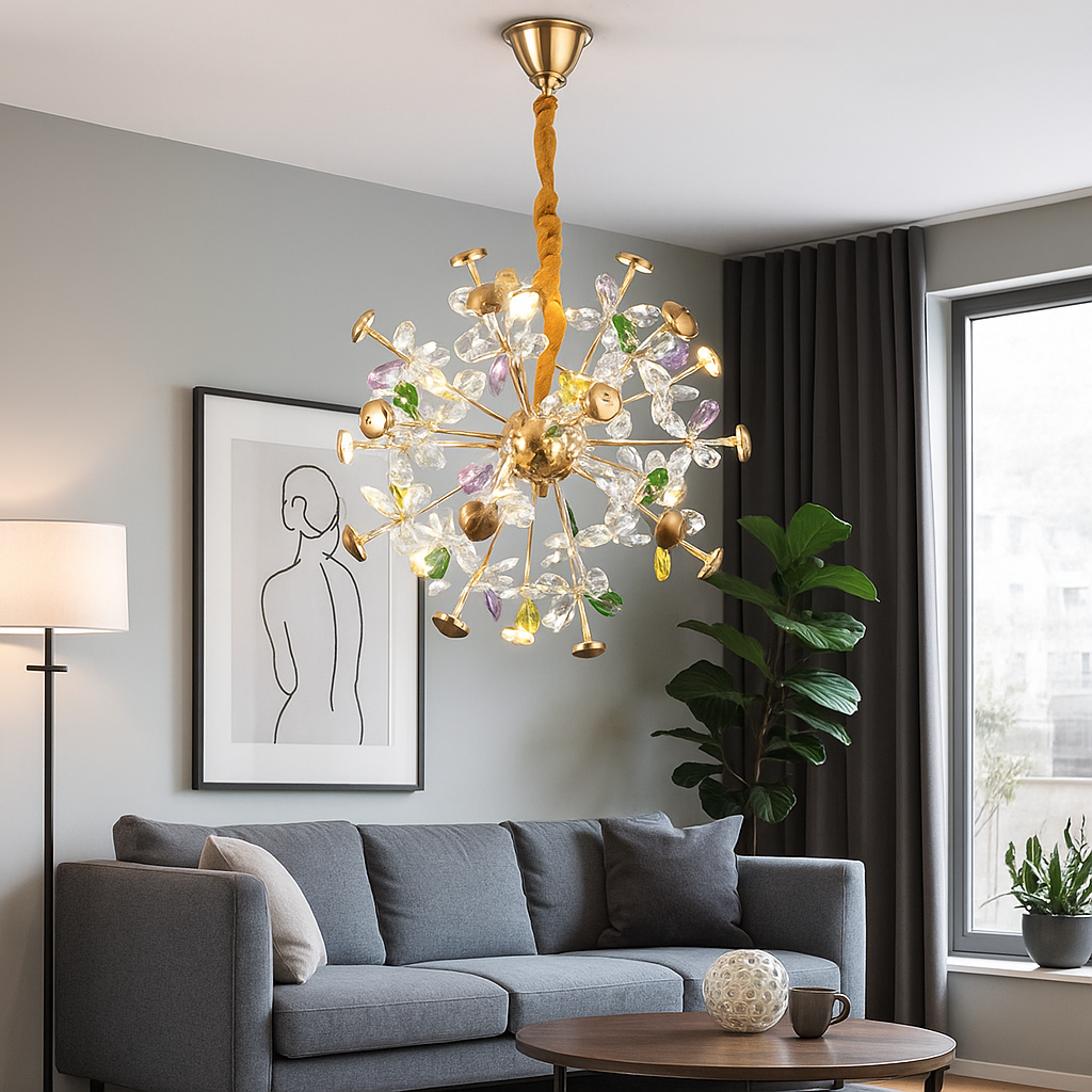 Candelabru rotund auriu cu cristale colorate in living modern, 24 surse G4, efect artistic spectaculos, iluminare premium, Ø500 mm