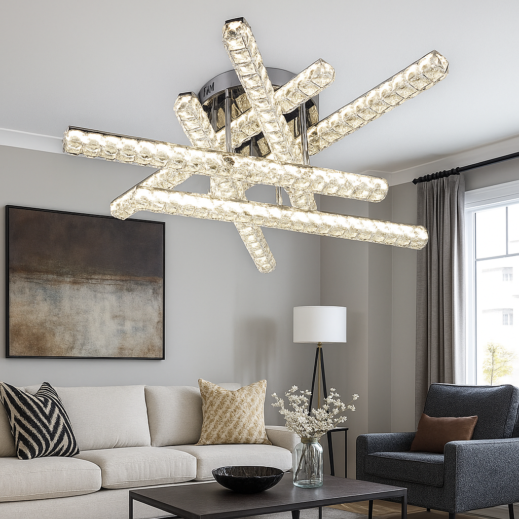 Lustra LED patrata alba JB003-6 cu telecomanda, montata in living modern, iluminare LED puternica si reglabila