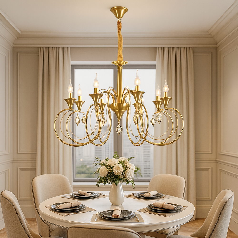 Candelabru cu 8 brate, cupru antic, adaugand rafinament si iluminare uniforma unei zone de dining clasice si primitoare.