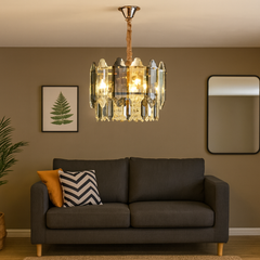 Candelabru rotund auriu cu 3 surse E27, oferind iluminare calda si eleganta unui living decorat in stil clasic sau modern.