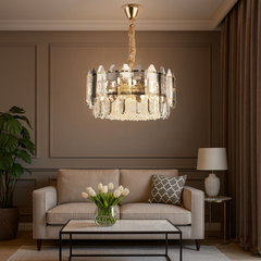 Candelabru rotund auriu cu 9 surse E27, oferind iluminare ampla si eleganta unui living clasic sau modern, cu accente premium.