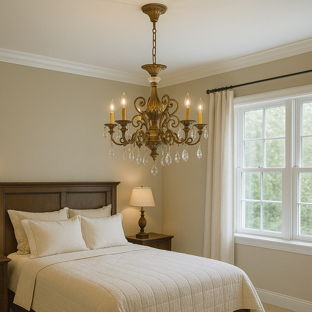 Candelabru rotund auriu cu cristale lacrima in dormitor sofisticat, 6 brate E14, lumina calda ambientala, design clasic lux