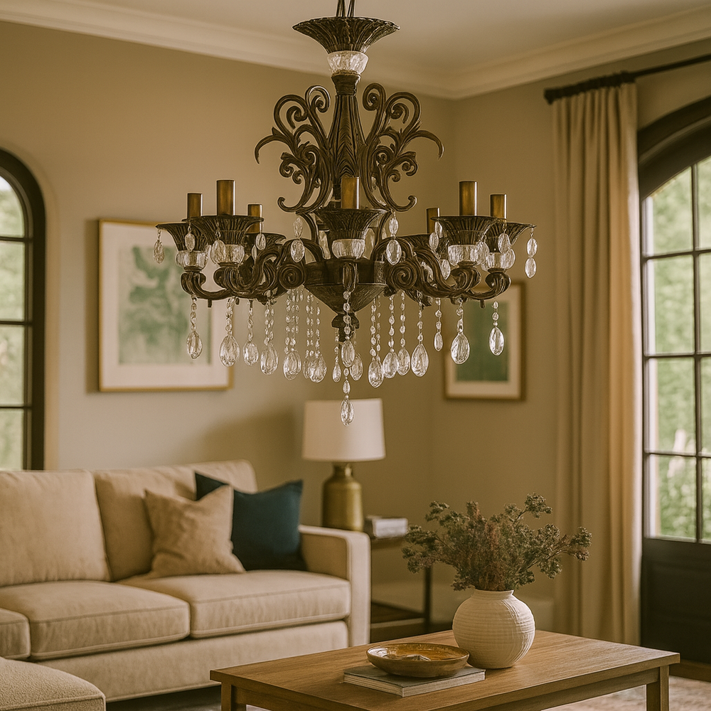 Candelabru rotund auriu cu cristale lacrima in living elegant, 8 brate E14, diametru 740 mm, lumina calda ambientala rafinata