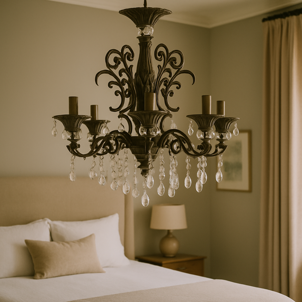 Candelabru rotund auriu cu cristale lacrima in dormitor sofisticat, 8 brate E14, lumina calda, design clasic regal elegant