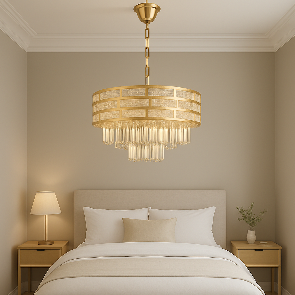 Candelabru rotund auriu Ø400 cu 6 socluri E27 intr-un dormitor rafinat, lumina calda decorativa si ambient elegant.