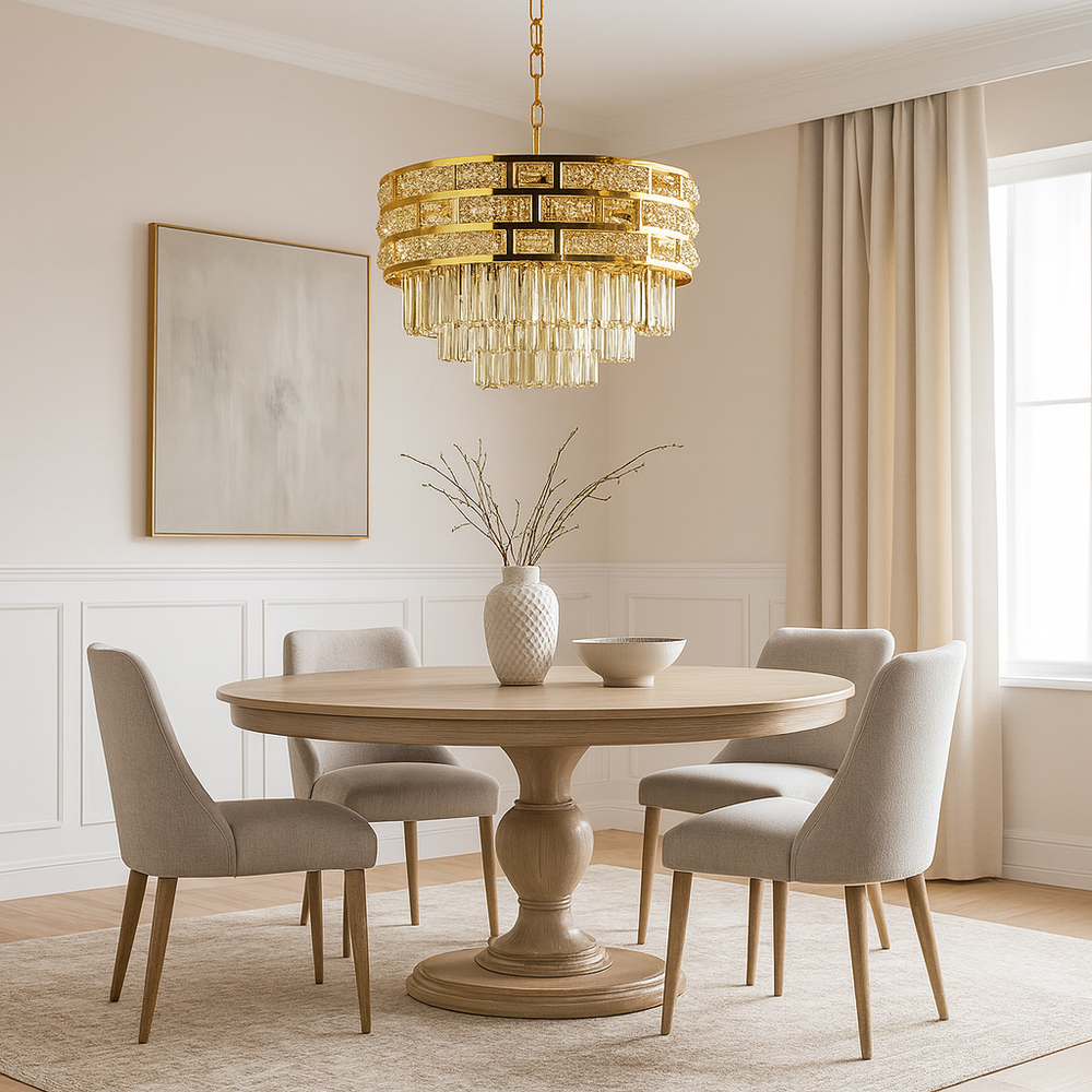Candelabru rotund auriu cu cristale Ø500 cu 10 becuri E27 deasupra mesei din dining, lumina uniforma si design premium.