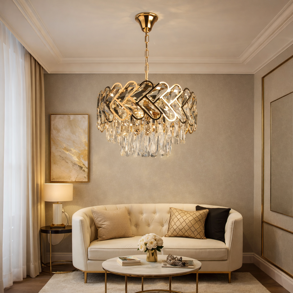 Candelabru auriu modern cu 6 surse E27 si elemente transparente, design elegant, iluminare decorativa pentru living spatios