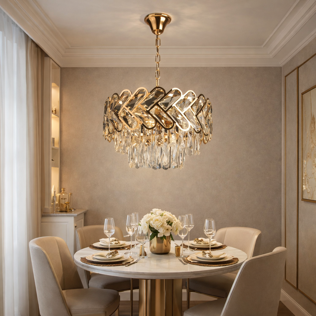 Candelabru auriu decorativ cu 6 surse E27, elemente transparente suspendate, iluminare rafinata pentru dining modern